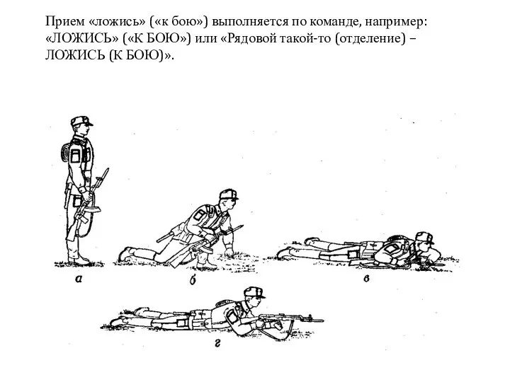 Прием «ложись» («к бою») выполняется по команде, например: «ЛОЖИСЬ» («К БОЮ») или