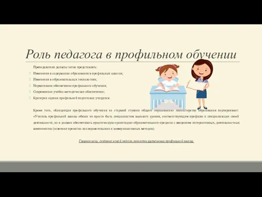 Роль педагога в профильном обучении Преподаватели должны четко представлять: Изменения в содержании