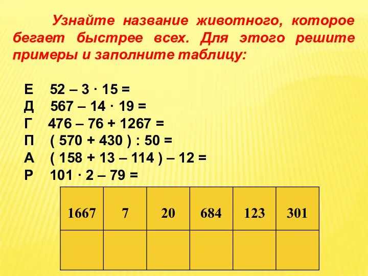 Узнайте название животного, которое бегает быстрее всех. Для этого решите примеры и