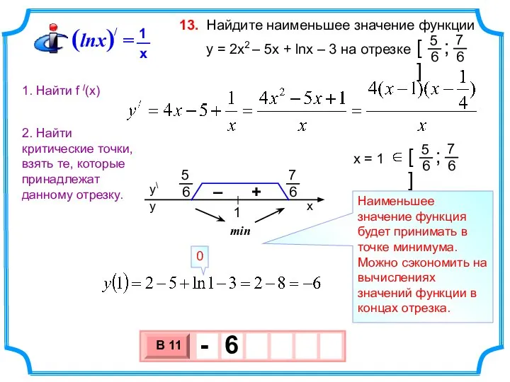 Найдите наименьшее значение функции y = 2х2 – 5x + lnx –