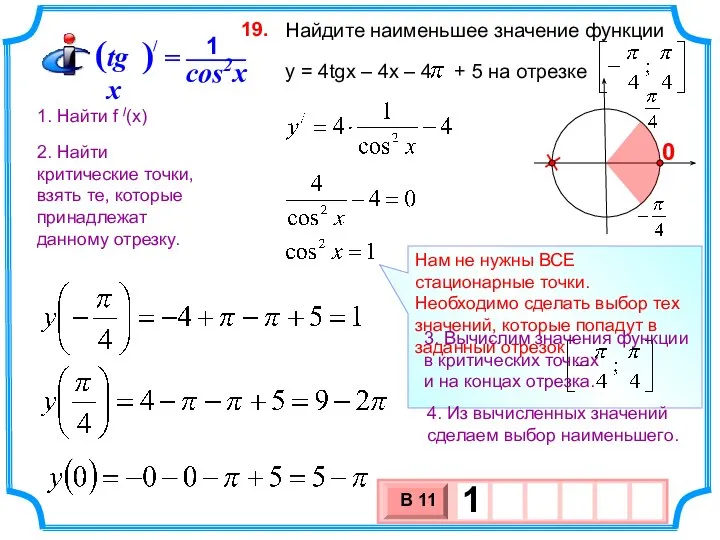 Найдите наименьшее значение функции y = 4tgx – 4x – 4 +