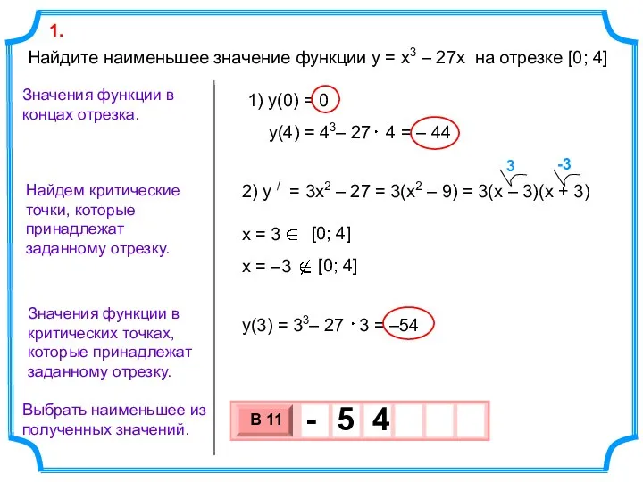 Найдите наименьшее значение функции y = x3 – 27x на отрезке [0;