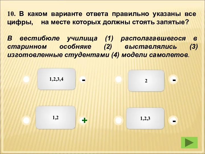 1,2,3,4 2 1,2,3 1,2 - - + - 10. В каком варианте