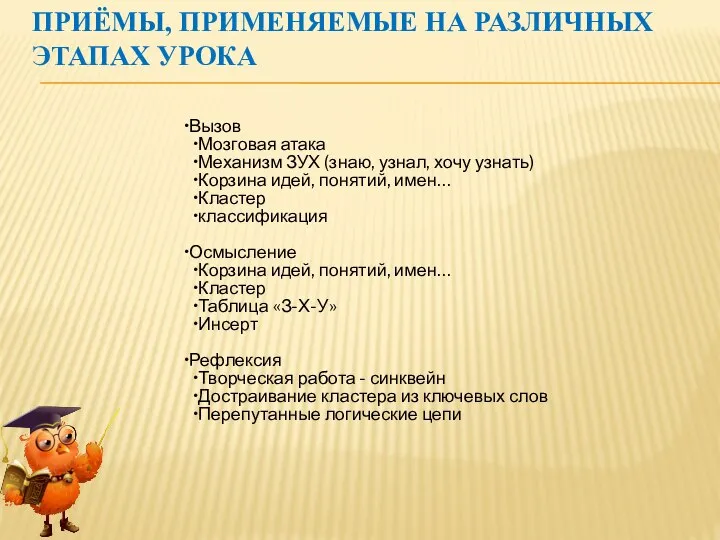 ПРИЁМЫ, ПРИМЕНЯЕМЫЕ НА РАЗЛИЧНЫХ ЭТАПАХ УРОКА Вызов Мозговая атака Механизм ЗУХ (знаю,