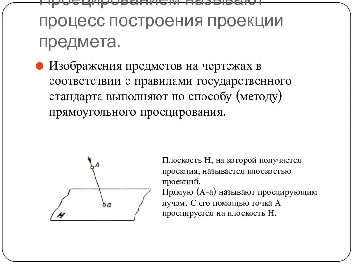 Проецированием называют процесс построения проекции предмета. Изображения предметов на чертежах в соответствии