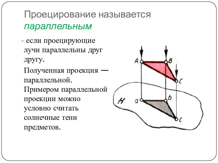 Проецирование называется параллельным если проецирующие лучи параллельны друг другу. Полученная проекция —