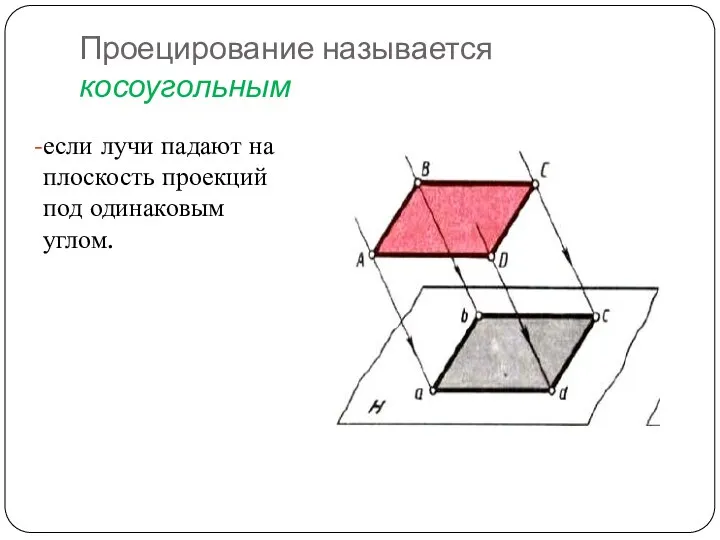 Проецирование называется косоугольным если лучи падают на плоскость проекций под одинаковым углом.