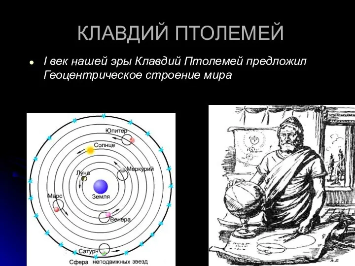КЛАВДИЙ ПТОЛЕМЕЙ I век нашей эры Клавдий Птолемей предложил Геоцентрическое строение мира