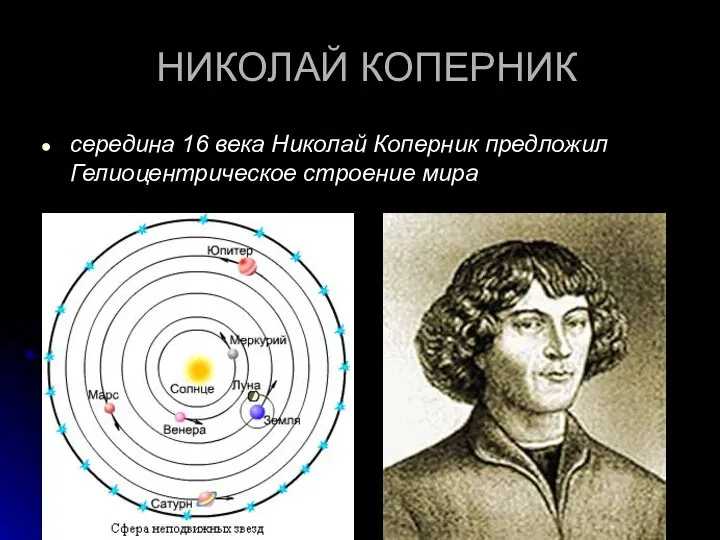НИКОЛАЙ КОПЕРНИК середина 16 века Николай Коперник предложил Гелиоцентрическое строение мира