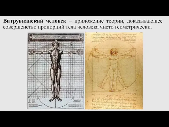 Витрувианский человек – приложение теории, доказывающее совершенство пропорций тела человека чисто геометрически.