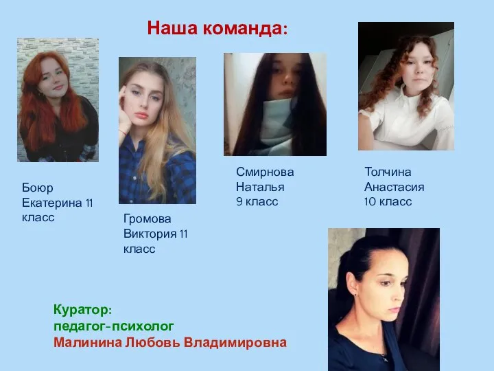 Наша команда: Боюр Екатерина 11 класс Громова Виктория 11 класс Смирнова Наталья