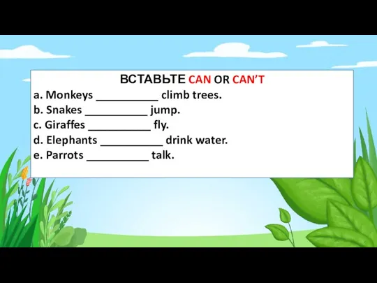 ВСТАВЬТЕ CAN OR CAN’T a. Monkeys __________ climb trees. b. Snakes __________