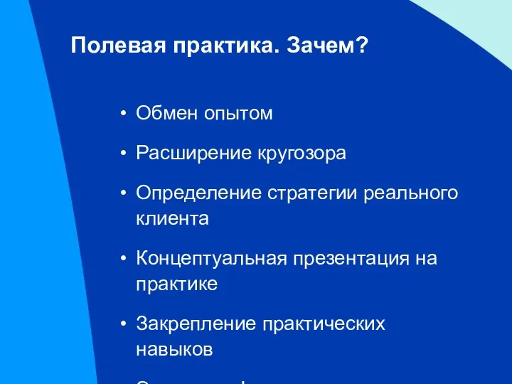 Полевая практика. Зачем? Обмен опытом Расширение кругозора Определение стратегии реального клиента Концептуальная