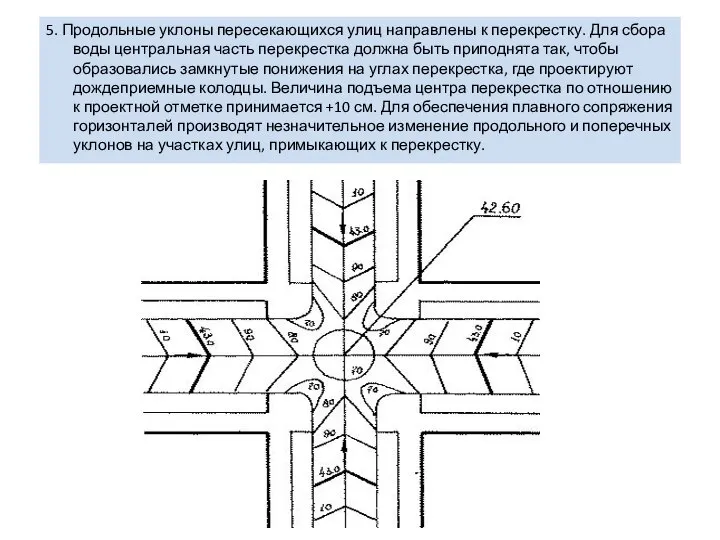 5. Продольные уклоны пересекающихся улиц направлены к перекрестку. Для сбора воды центральная