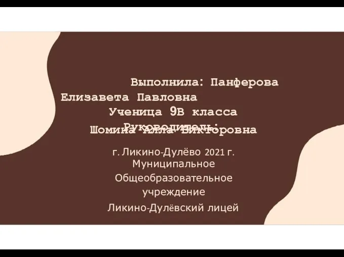 Выполнила: Панферова Елизавета Павловна Ученица 9В класса Руководитель: Шомина Алла Викторовна г.