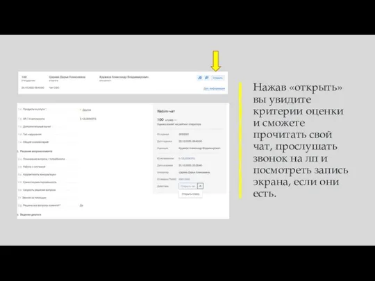 Нажав «открыть» вы увидите критерии оценки и сможете прочитать свой чат, прослушать