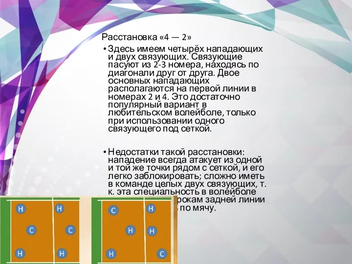 Расстановка «4 — 2» Здесь имеем четырёх нападающих и двух связующих. Связующие