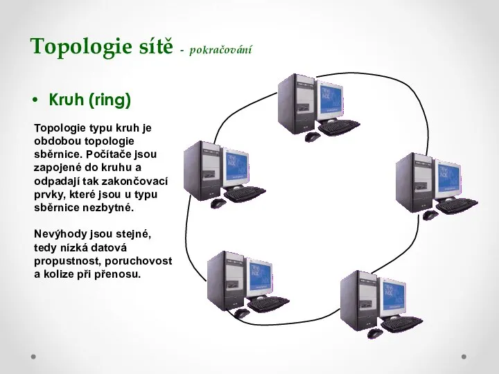 Topologie sítě - pokračování Kruh (ring) Topologie typu kruh je obdobou topologie