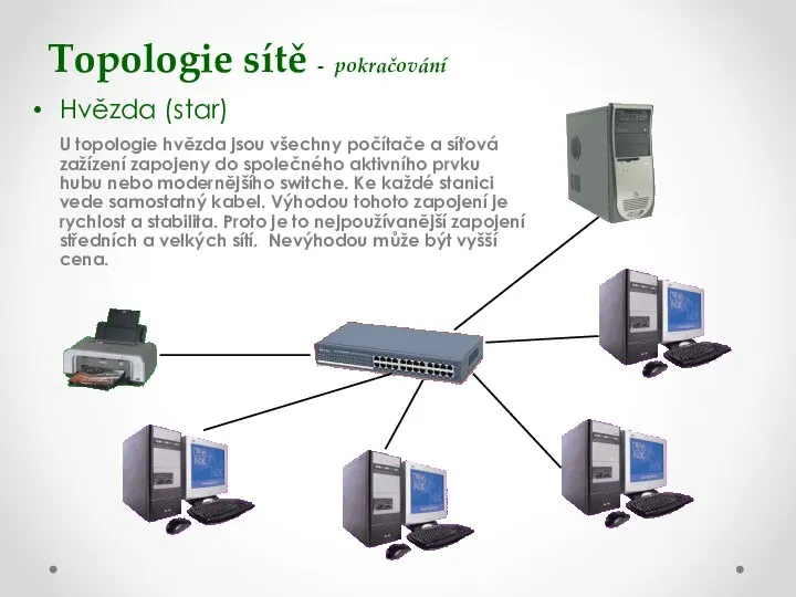 Topologie sítě - pokračování Hvězda (star) U topologie hvězda jsou všechny počítače