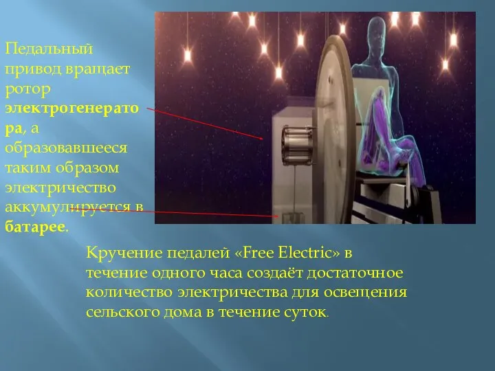 Педальный привод вращает ротор электрогенератора, а образовавшееся таким образом электричество аккумулируется в