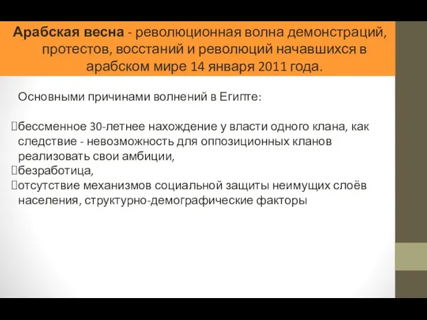 Арабская весна - революционная волна демонстраций, протестов, восстаний и революций начавшихся в