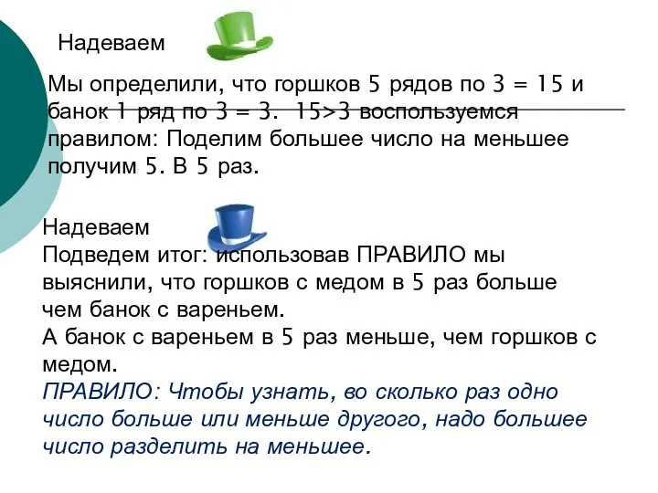 Надеваем Подведем итог: использовав ПРАВИЛО мы выяснили, что горшков с медом в