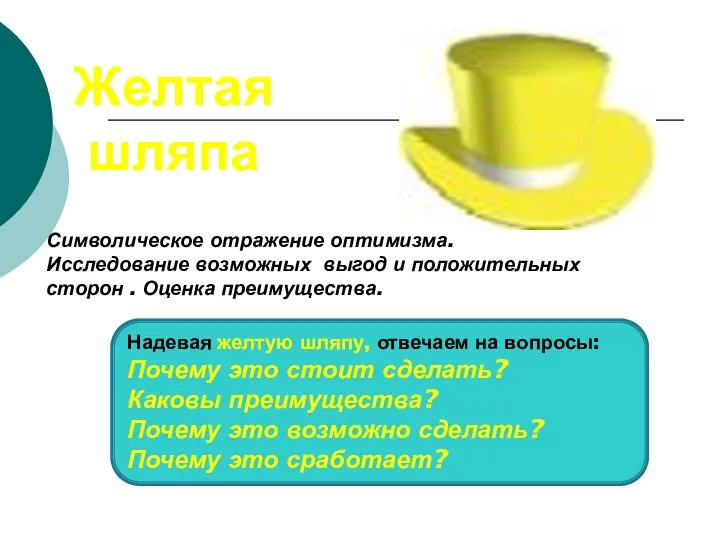 Желтая шляпа Символическое отражение оптимизма. Исследование возможных выгод и положительных сторон .