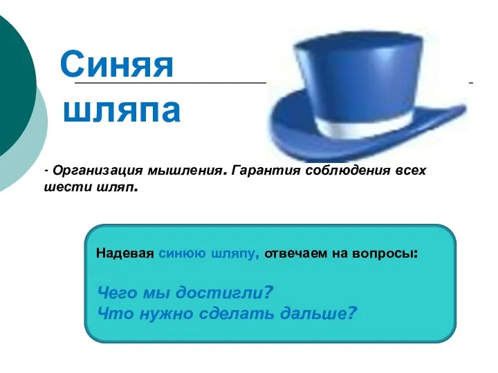 Синяя шляпа - Организация мышления. Гарантия соблюдения всех шести шляп. Надевая синюю