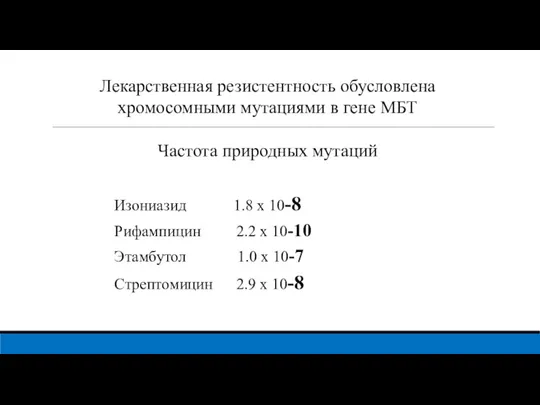 Лекарственная резистентность обусловлена хромосомными мутациями в гене МБТ Частота природных мутаций Изониазид