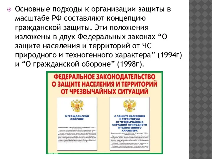 Основные подходы к организации защиты в масштабе РФ составляют концепцию гражданской защиты.