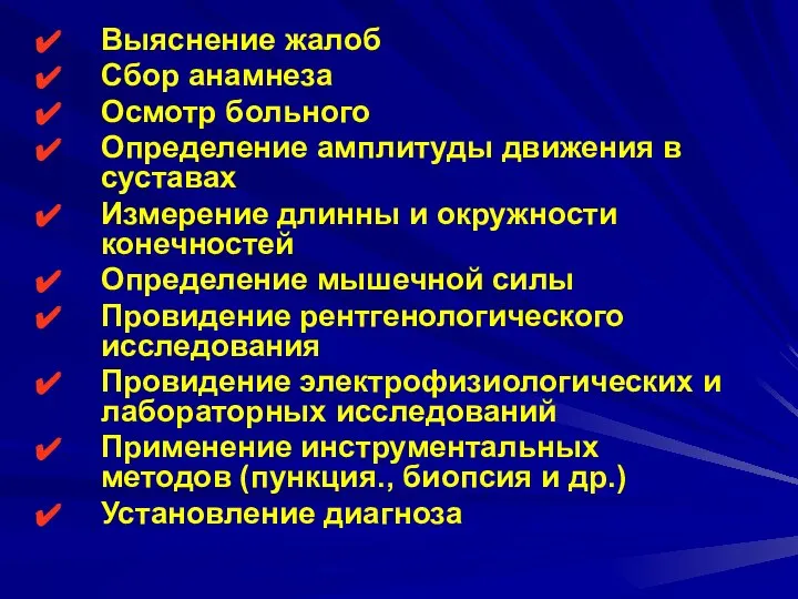 Выяснение жалоб Сбор анамнеза Осмотр больного Определение амплитуды движения в суставах Измерение