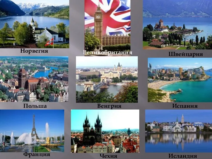 Норвегия Швейцария Великобритания Франция Польша Исландия Венгрия Испания Чехия