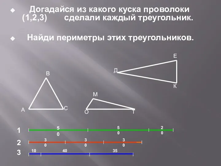Догадайся из какого куска проволоки (1,2,3) сделали каждый треугольник. Найди периметры этих