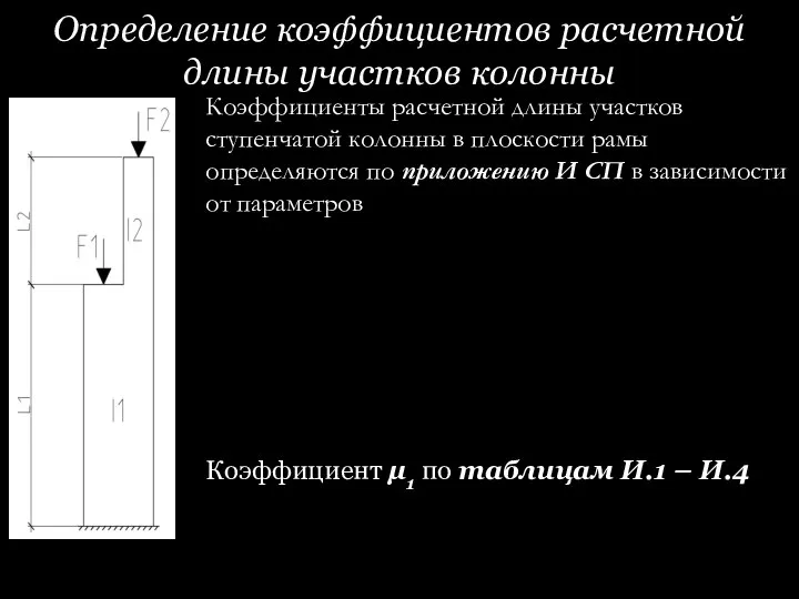 Определение коэффициентов расчетной длины участков колонны Коэффициенты расчетной длины участков ступенчатой колонны