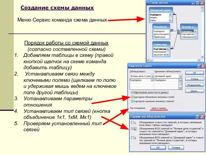 Создание схемы данных Меню Сервис команда схема данных Порядок работы со схемой