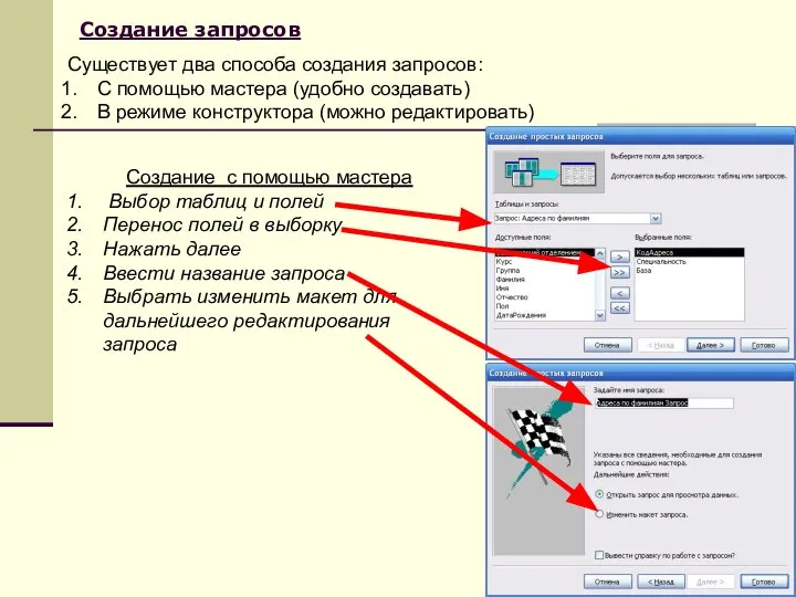 Создание запросов Существует два способа создания запросов: С помощью мастера (удобно создавать)