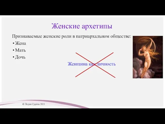 Женские архетипы Признаваемые женские роли в патриархальном обществе: Жена Мать Дочь Женщина