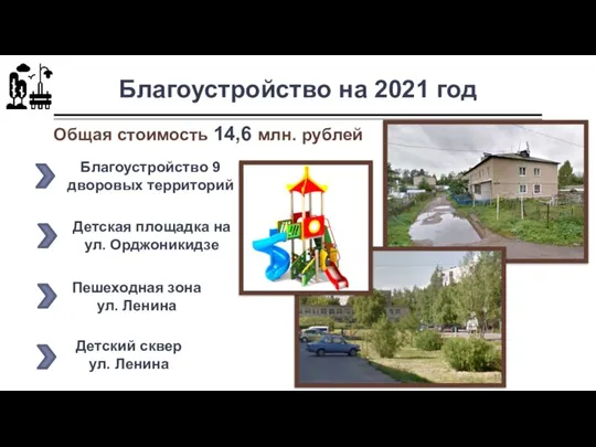 Благоустройство на 2021 год Общая стоимость 14,6 млн. рублей Благоустройство 9 дворовых