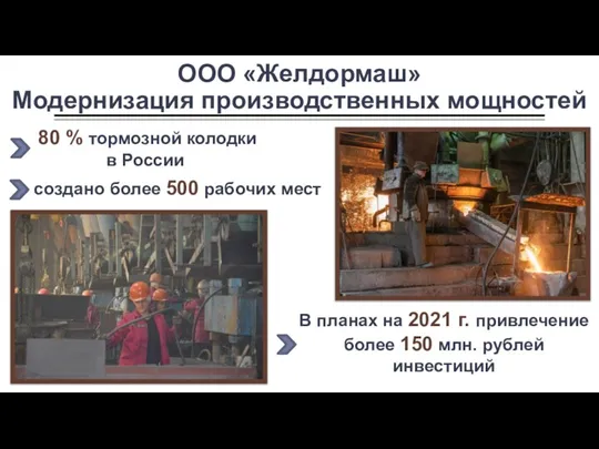 ООО «Желдормаш» Модернизация производственных мощностей В планах на 2021 г. привлечение более