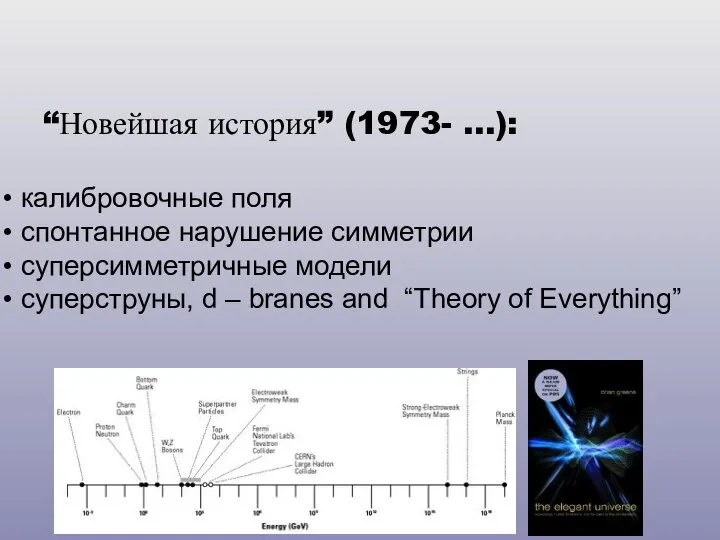 “Новейшая история” (1973- …): калибровочные поля спонтанное нарушение симметрии суперсимметричные модели суперструны,