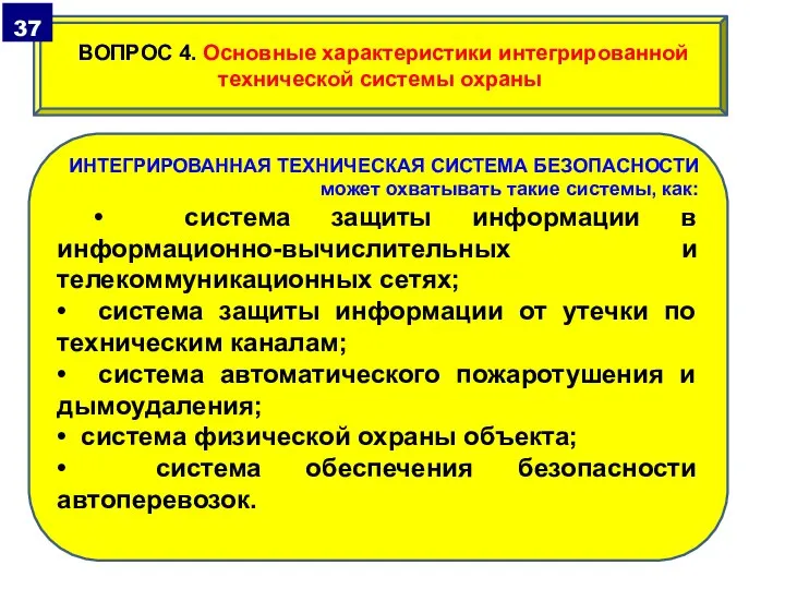 ИНТЕГРИРОВАННАЯ ТЕХНИЧЕСКАЯ СИСТЕМА БЕЗОПАСНОСТИ может охватывать такие системы, как: • система защиты