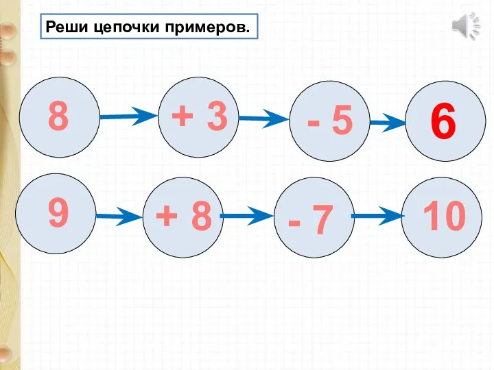 Реши цепочки примеров. 8 + 3 - 5 6 9 + 8 - 7 10