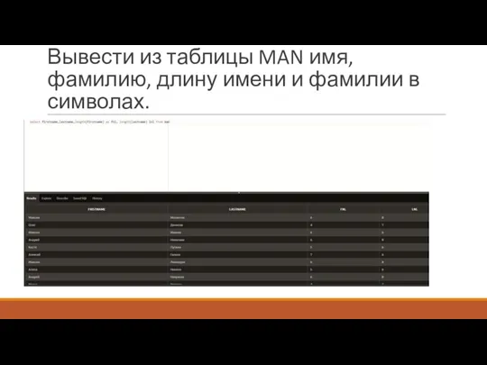 Вывести из таблицы MAN имя, фамилию, длину имени и фамилии в символах.