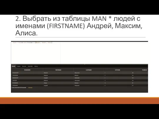 2. Выбрать из таблицы MAN * людей с именами (FIRSTNAME) Андрей, Максим, Алиса.