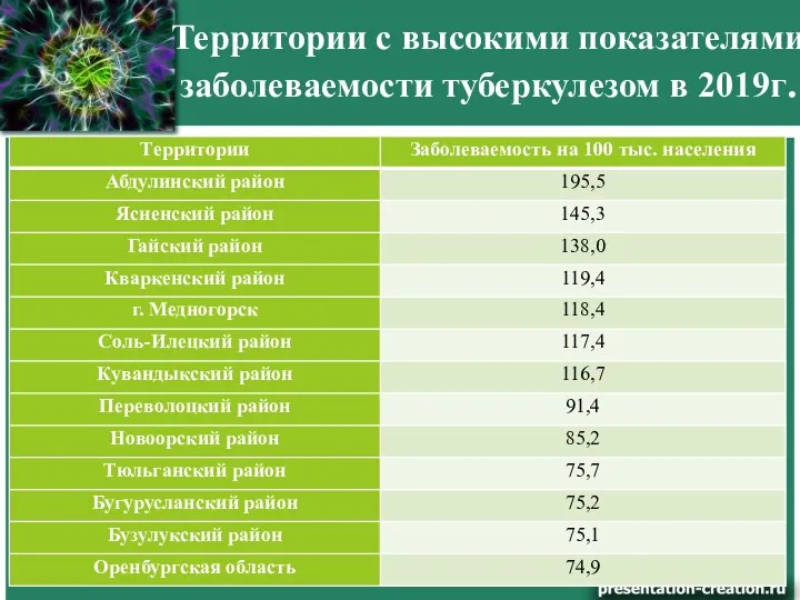 Территории с высокими показателями заболеваемости туберкулезом в 2019г.