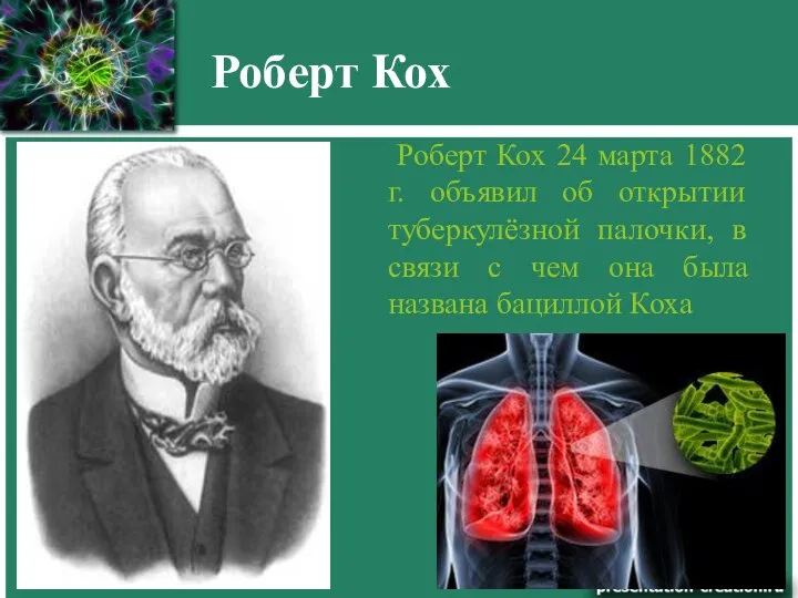 Роберт Кох Роберт Кох 24 марта 1882 г. объявил об открытии туберкулёзной