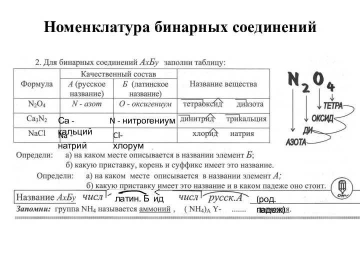 Номенклатура бинарных соединений Са - кальций N - нитрогениум Na - натрий