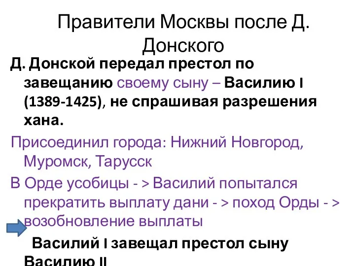 Правители Москвы после Д. Донского Д. Донской передал престол по завещанию своему