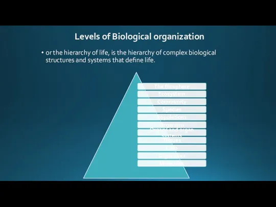 Levels of Biological organization or the hierarchy of life, is the hierarchy