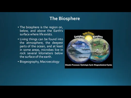 The biosphere is the region on, below, and above the Earth's surface